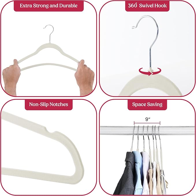 White Velvet Hangers 50 Pack, Slim Non-Slip Felt Hangers - LUX Décor | Shoulder Notches, Holds up to 10 lbs, Space Saving Clothes Hanger, 360 Swivel Hook, Suit Coat Dress Pants, Closet Organizer