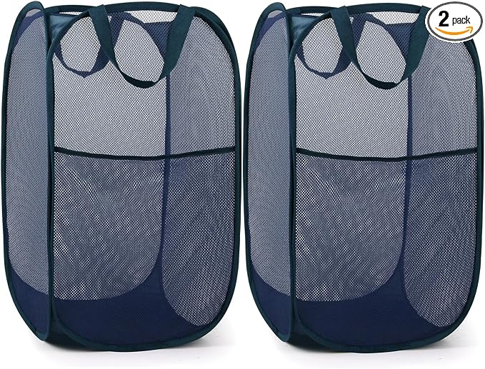 2 Pack Durable Collapsible Laundry Baskets - Reinforced Mesh Pop Up Laundry Hamper with Pocket, Foldable Dirty Clothes Hamper with Carry Handles for Laundry, Bathroom, Kids Room, Dorm or Travel Navy