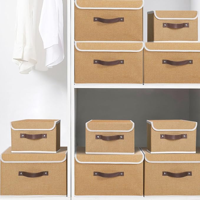 ANMINY 2PCS Storage Bin with Lid Storage Boxes with PU Leather Handles PP Plastic Board Decorative Foldable Lidded Cotton Linen Fabric Home Cubes Baskets Closet Organizer Container - Khaki, Medium