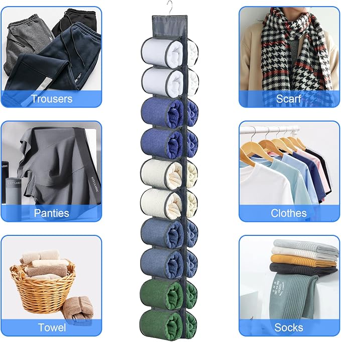 2-Pack Hanging Storage Legging Organizer for Wardrobe, Grey | Hang on closet rod, behind door, or wall. 20 Pockets, leggings jeans, scarves. Space-saving for bedroom, dorm,apartment
