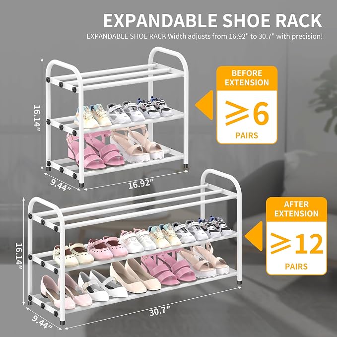 Hleelomi 3-Tier Expandable Shoe Rack for Entryway，Adjustable Metal Shoe Organizer for Closet,Living Room,Dorm, White