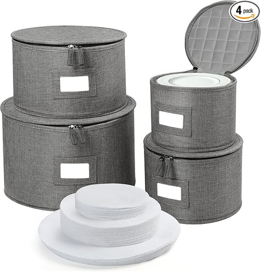 LotFancy China Storage Containers, Hard Shell, 4PCS Set, Dish Saucer Plate Storage Box for Moving, Stackable Dinnerware Organizer Bins with 48 Felt Dividers, Grey