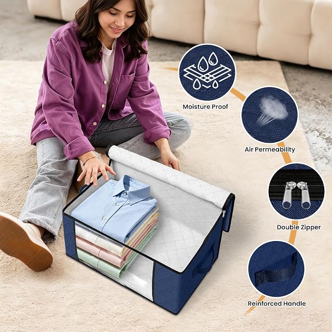 Fab totes 35L Closet Organizers and Storage, Foldable Under Bed Storage Containers, Storage bags for Organizing Bedroom, Closet, Clothing,Organization with Handle (8 Pack,Blue)