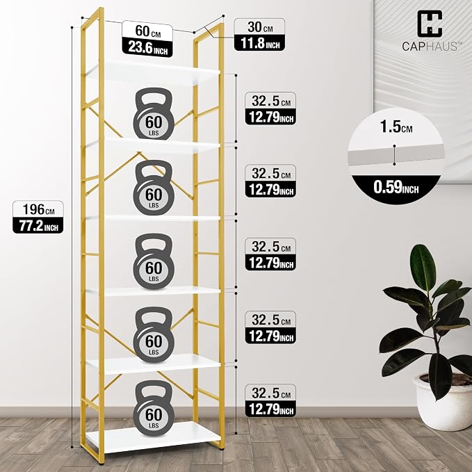 CAPHAUS 6 Tier Bookshelf, 24 Inch Width Free Standing Shelf, Bookcase Shelf Storage Organizer, Industrial Book Shelves for Home Office, Living Room, Kitchen, White Wooden Shelves & Gold Frame