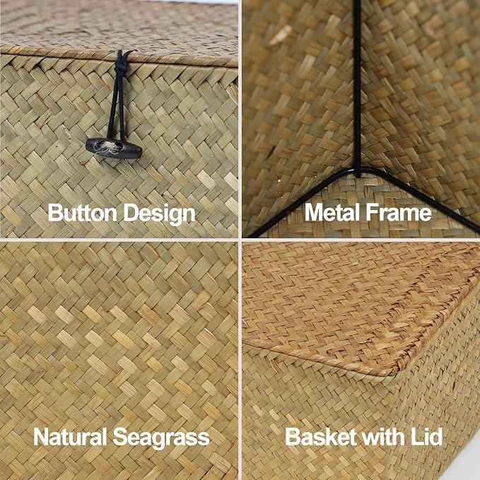 Wicker Storage Basket with Lid, Natural Seagrass Woven Shelf Basket for Storage, Rectangular Decorative Storage Bins Boxes Home Organizer Decor (Natural, Medium)
