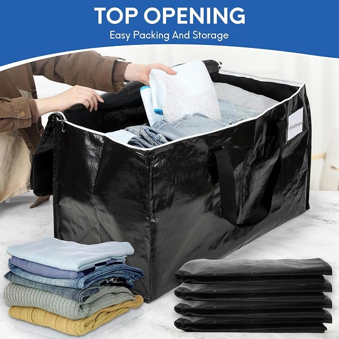 6-Pack Extra-Large Heavy-Duty Moving Bags with Reinforced Handles, Durable Zippers & Waterproof Material — Perfect for Space-Saving, Storage, Shipping and Travel (Black)