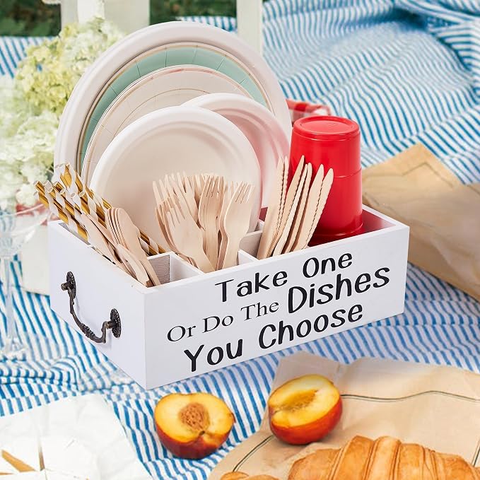 Small Paper Plate Holder,Wood Silverware Dispenser for Cups,Forks