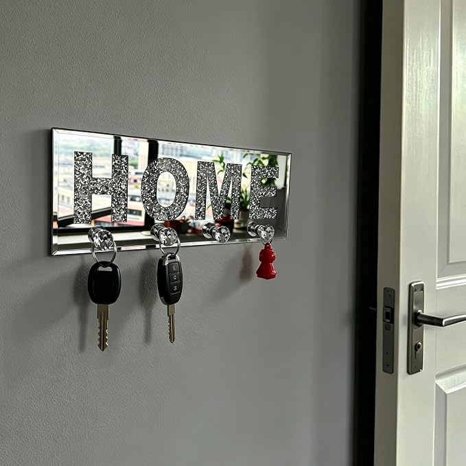 Crushed Diamond HOME Key Holder, Silver Mirror Wall Decor,11.8" ,4 Hooks | crushed diamond silver mirror with safe beveled edges,4 2-lb capacity acrylic hooks ,shatterproof, for keys/scarves/bags etc.