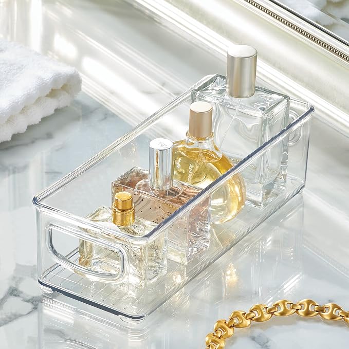 mDesign Plastic Bathroom Storage Container Bins w/ Handles - Closet, Cabinet, Vanity, Cupboard Shelf Organization, Hair Tools Accessory Organizer - Ligne Collection; Clear, 10x4x3 (Pack of 2)
