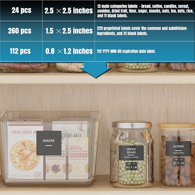 Neatsure 284 Pantry Labels with 112 Expiration Date Labels for Food Containers, Preprinted Stickers Booklet for Storage Bins, Minimalist Kitchen Labels for Organizing