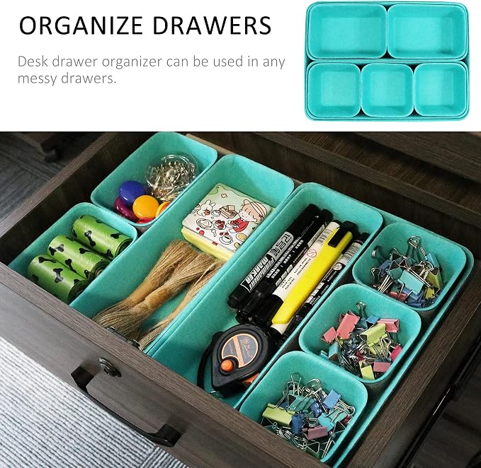 Newthinking Desk Drawer Organiser Trays, 8 Pack Square Organizer Box Stackable Dividers, Save Desk Space Dividers Box for Home Office Cosmetics Storage Boxes (Teal)