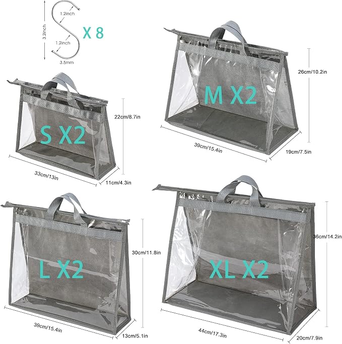 Handbag Dust Bags Clear Purse Storage Organizer for Closet Small to Extra Large Handbags Dust Free Bags Hanging Zipper Storage Bag with Hooks, ( Grey, 4 Sizes-8PCS)