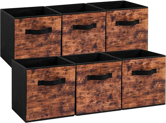 Stero Fabric Storage Cubes, 6 Pack Foldable Storage Bins with Handle, 13 Inch Box for Shelves, Closet, Organizer, Rustic Brown and Black