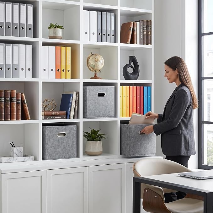 12x12 Gray Fabric Storage Cubes, 4 Pack – Foldable Linen-Look Cube Organizer Bins with Handles, Collapsible Cubby Baskets for Closet, Shelves, Nursery, Dorm Room & Kallax-Style Storage