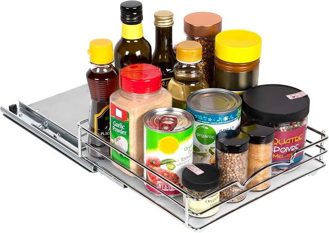 Pull-Out Cabinet Spice Rack Organizer, 10 ⅜"W x 10 ⅜"D x 2 ¾"H | Slim Slide-Out Storage for Spices, Bottles & Jars, Premium Heavy-Duty Steel, Easy Install for Narrow Kitchen Cabinets, Chrome