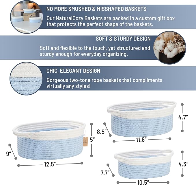 NaturalCozy 3-Piece Oval Storage Basket Set– Cotton Rope Woven Baskets for Storage, Gift Basket Empty, Toy Basket, Soft Baby Basket for Nursery, Cat Dog Toy Baskets, Small Basket (Off White & Blue)