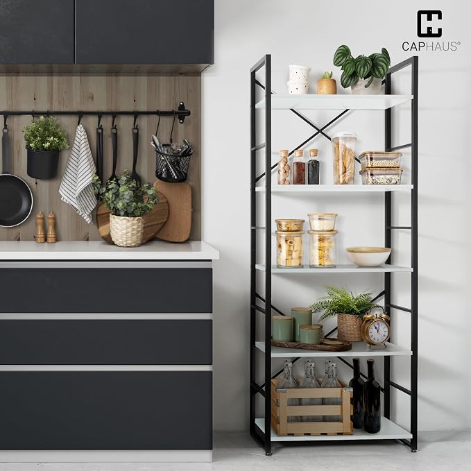 CAPHAUS 5 Tier Bookshelf, 24 Inch Width Free Standing Shelf, Bookcase Shelf Storage Organizer, Industrial Book Shelves for Home Office, Living Room, Kitchen, White Shelves & Metal Frame