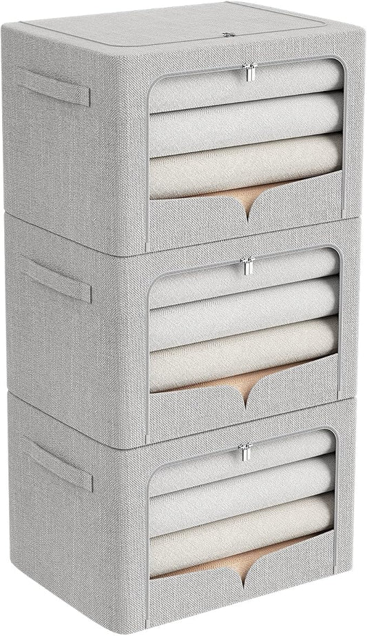 FHSQX 3 Pack Clothes Storage Bins - Foldable Metal Frame Storage Box - Stackable Linen Fabric Container Organizer Set with Carrying Handles and Clear Window (Light Gray, 19.7x15.7x13inch(66L))