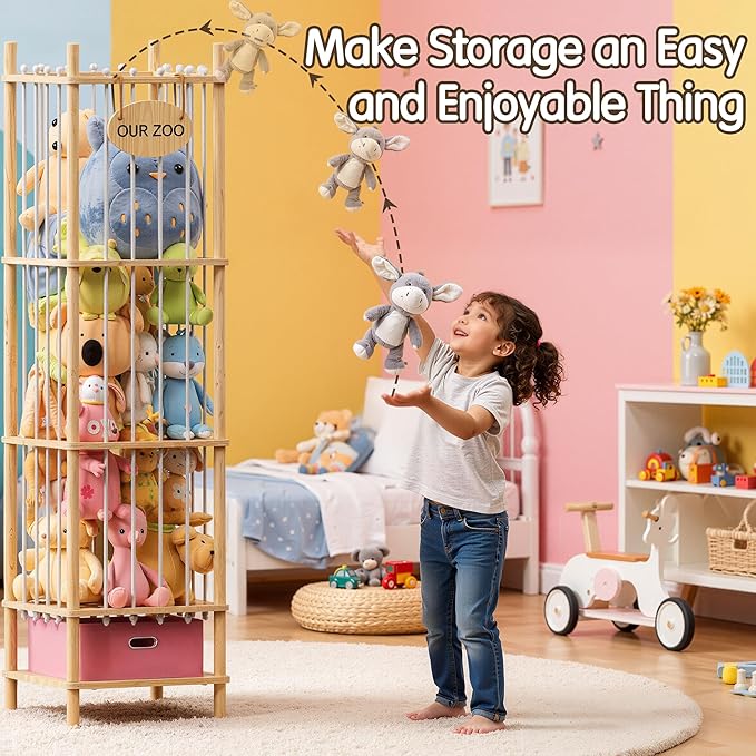 Brelley Stuffed Animal Storage Zoo Wood Toy Storage Organizer with Drawer, Large Toy Chest Stuffed animal holder for Kids Nursery Playroom Bedroom