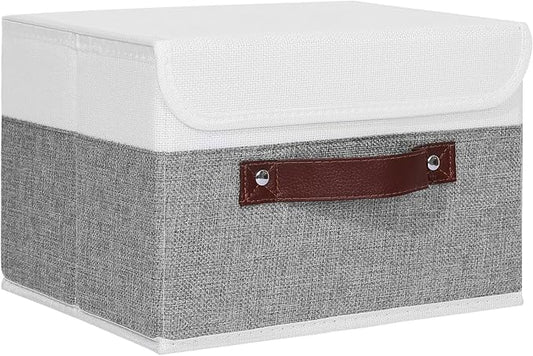 ANMINY Storage Boxes with Lids Washable Decorative Storage Bins Basket with PU Leather Handle Foldable Linen Fabric Storage Cubes Containers for Home Closet Organizer - Gray White, Small Size