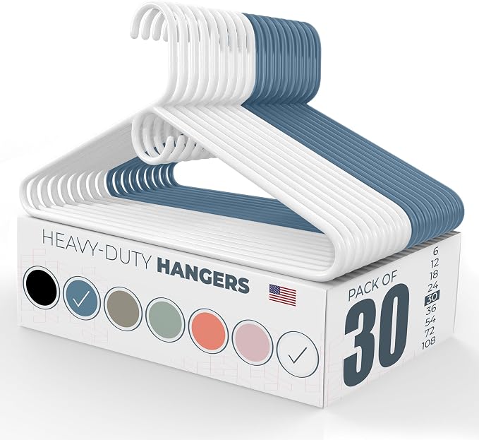 Heavy Duty Clothes Hangers 30 Pack – Made in the USA – 8lb Capacity Plastic Hangers for Adult Clothing – Durable for Pants, Coats, Jackets, or Jeans – White & Blue