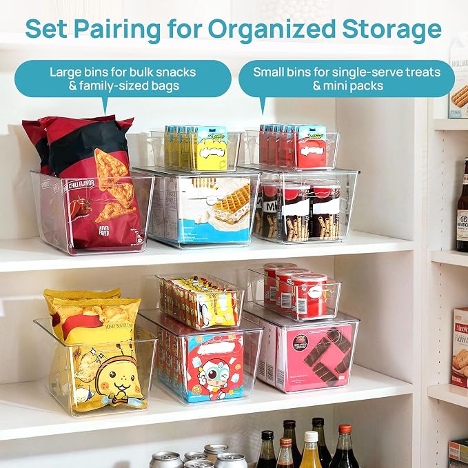 Vtopmart 8 Pack Clear Storage Bins with Lid Set for Pantry Organizer | 4 Large and 4 Small Plastic Pantry Storage Bins with Handle, Storage Containers for Pantry, Kitchen, Fridge, Cabinet