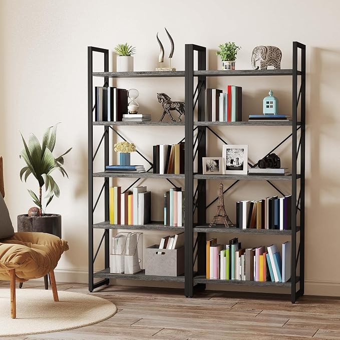 YITAHOME 5 Tiers Bookshelf, Industrial Artsy Grey Bookcase Bookshelves, Book Rack, Storage Rack Shelves Books Holder Organizer for Books Movies in Living Room Home Office, Black & Gray
