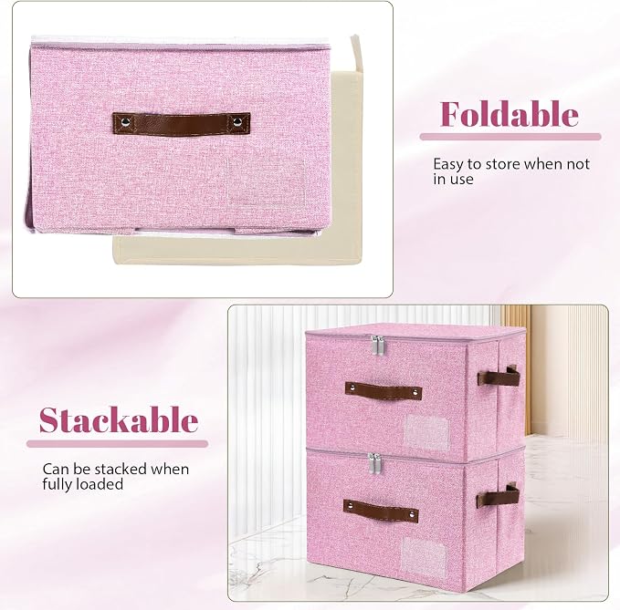 ANMINY Storage Bins with Zipper Lid Storage Boxes with Label Holder PU Leather Handles Washable Foldable Decorative Lidded Cotton Linen Fabric Cubes Baskets Closet Organizer - Pink, Medium