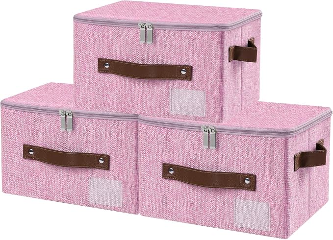 ANMINY 3PCS Storage Bins with Zipper Lid Storage Boxes with Label Holder PU Leather Handles Washable Foldable Decorative Lidded Cotton Linen Fabric Cubes Baskets Closet Organizer - Pink, Small