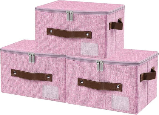 ANMINY 3PCS Storage Bins with Zipper Lid Storage Boxes with Label Holder PU Leather Handles Washable Foldable Decorative Lidded Cotton Linen Fabric Cubes Baskets Closet Organizer - Pink, Small