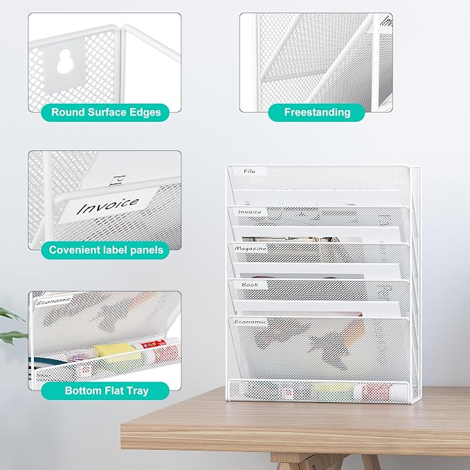 EasyPAG 5 Tier Wall File Holder, Mesh Hanging Folder Organizer with Classify Label, Versatile Desk File Holder, Vertical Wall Mounted Mail Organizer for Office Home Cubicle, White