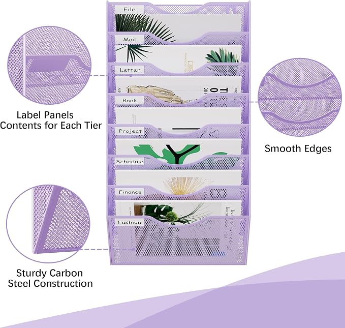 EasyPAG 8 Pocket Mesh Wall File Organizer, Hanging Paper Folder Holder with Classify Label, Vertical Wall Mount Mail Organizer for Office Home Classroom, Purple