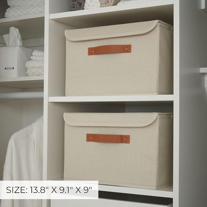 ZICOTO Decorative Linen Storage Boxes with Lids - Large Set of 2 Organizer Bins for Your Home Decor - The Perfect Container to Safely Store Photos, Documents and Memory Box Keepsakes in Style