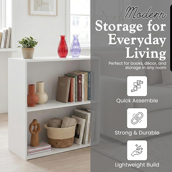 Kings Brand Furniture White Wood 2-Tier Shelf Bookcase Storage Organizer