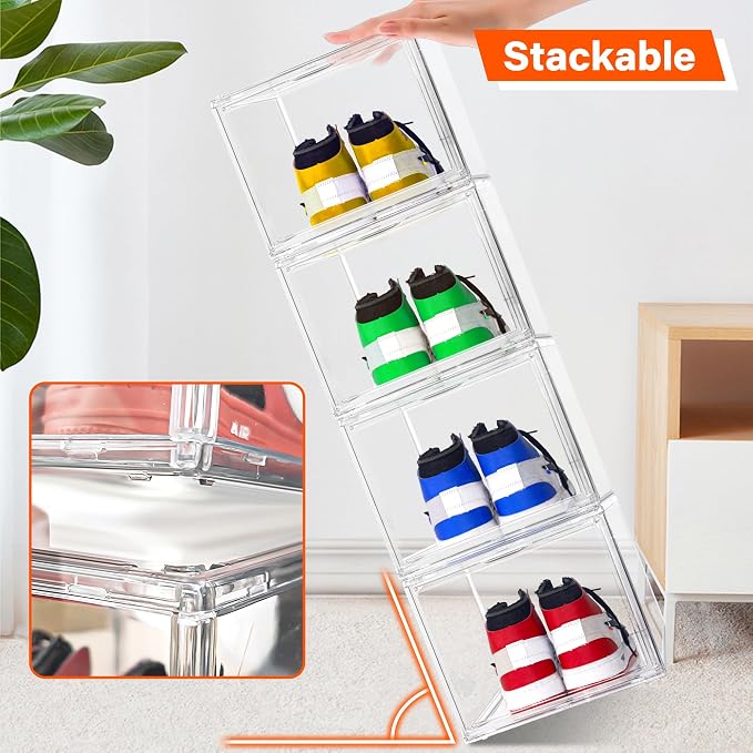 12 Pack Drop Front Shoe Boxes Acrylic Shoe Display Case Fit US Size 13, Clear Stackable Hat Sneaker Shoe Organizer for Closet, Entryway, Underbed, Multiple Display Cases for Hats, Figures, Sneakers