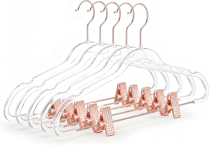 MIZGI Slim Clear Rosegold Pants & Skirt Hangers (20 Pack) – Adjustable Clips & Hooks, Transparent Non-Felt, Space-Saving for Dresses, Shirts, Blouses