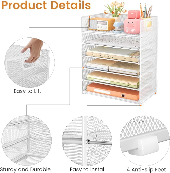 Subekyu 6-Tier Desk Paper Organizer, Desktop File Letter Tray with Handle, Document Sorter and Accessories Holder for Office, Home and School Workspace Organizers, White - 2 Pack