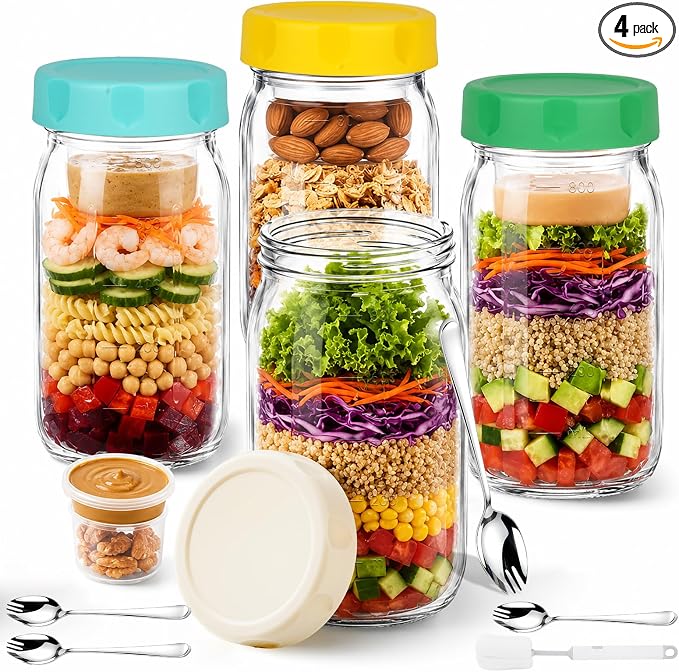 XLMYS 4 Pack Salad Jar, 32oz Salad Jars with Separate Wet/Dry Dressing Cup, Leakproof Salad Container for Lunch, Glass Food Storage for Home, Office and Outdoor