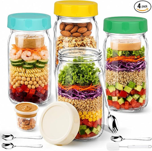 XLMYS 4 Pack Salad Jar, 32oz Salad Jars with Separate Wet/Dry Dressing Cup, Leakproof Salad Container for Lunch, Glass Food Storage for Home, Office and Outdoor