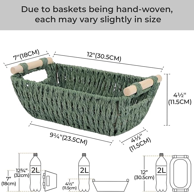 StorageWorks Round Paper Rope Woven Basket with Wooden Handles for Gifts, Small Woven Baskets for Shelf, Sage Green, 2-Pack