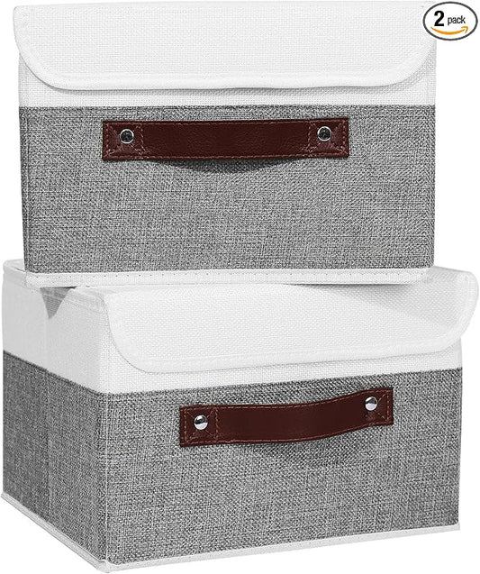 ANMINY 2PCS Storage Boxes with Lid Washable Decorative Storage Bins Basket with PU Leather Handle Foldable Linen Fabric Storage Cubes Containers for Home Closet Organizer - Gray White, Small Size