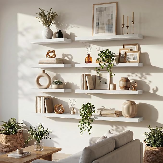 FLYJOE 22.5 Inch Floating Shelves for Wall Set of 2, 6.5" D Wood Grain Bathroom Shelves with Invisible Brackets, Easy Install Engineered Wood Storage Shelves for Kitchen, Living Room, Bedroom