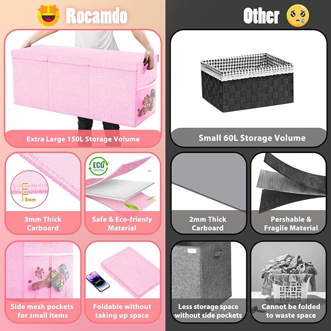 Extra Large Toy Storage Box with Lid Divider, Sturdy Collapsible Toys Organizer Chest Kids Storage Bins Boxes Baskets for Boys, Girls, Nursery, Bedroom, Living Room, Playroom, 40"x14"x16", Pink