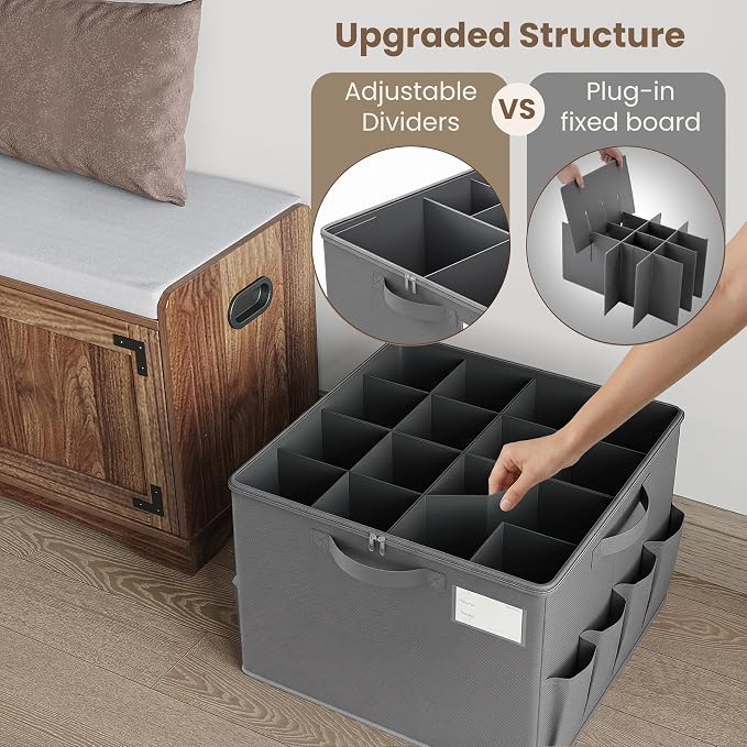 Varhomax Foldable Shoe Organizer Box, Fabric Storage Bin with Clear Cover & Adjustable Dividers, Holds up 16-32 Pairs of Sneakers & Sandals for Closet, Entryway (Gray)
