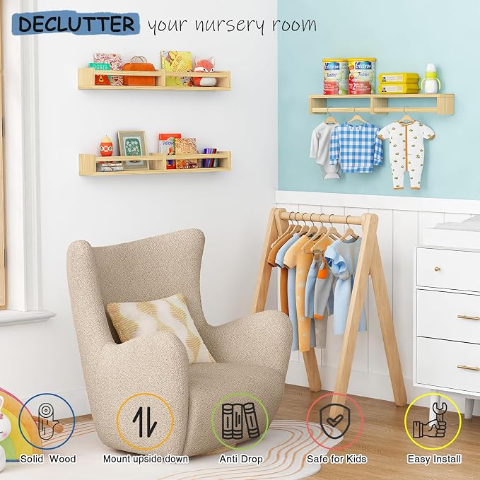 Harwaya Floating Nursery Book Shelves for Wall, 32 Inch Long Bookshelf for Kids Room, Wooden Large Wall Shelf with Hanging Rod for Baby Toddler Child Bedroom (3-Pack, Natural Wood)