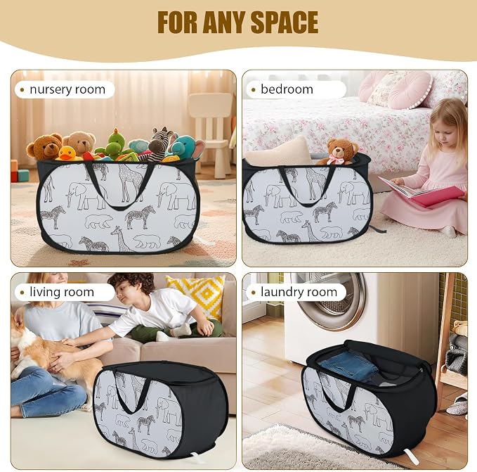 Stuffed Animal Storage Basket with Zipper Lid - Collapsible Toy Basket with Handles - Foldable, Lightweight Sturdy Fabric Animal Print Toy Basket Bin for Kids Room, Nursery, Playroom, Bedroom, Black