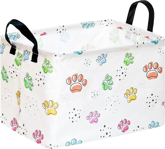 Baby Storage Basket,Colorful Dog Paw Print,Waterproof Lining, Leather Handles, Collapsible for Kids Toys, Pets Supplies, Gift Basket