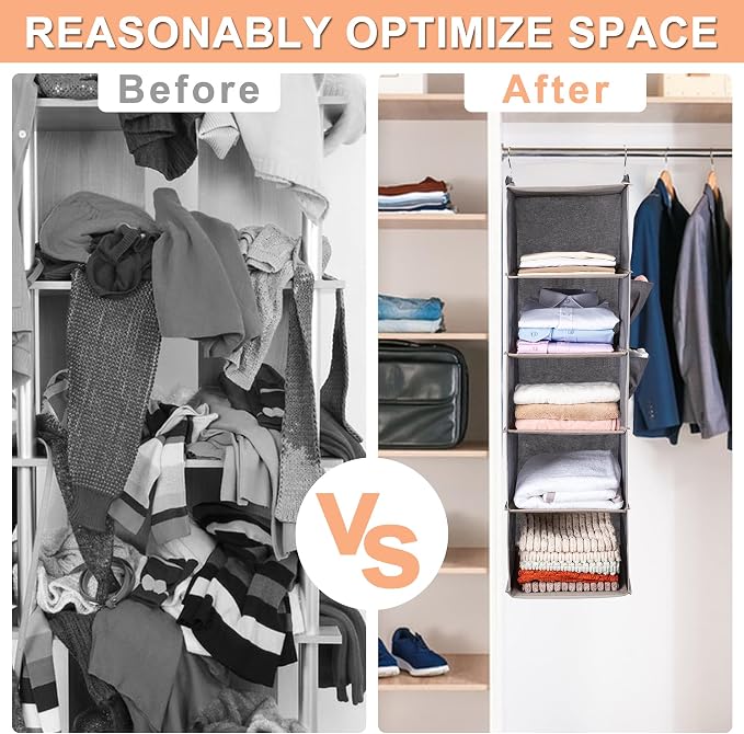 BOOMIBOO Hanging Closet Organize and Shelves，5-Hanging Shelf with 2 Side Pockets，Storage Foldable （Beige）