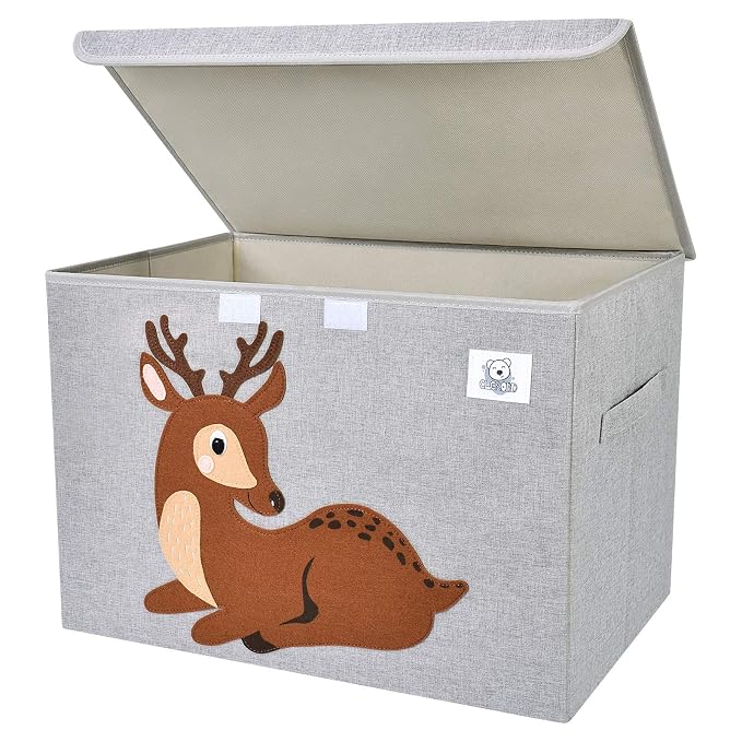 Foldable Large Kids Toy Chest with Flip-Top Lid, Collapsible Fabric Animal Toy Storage Organizer/Bin/Box/Basket/Trunk for Toddler, Children and Baby Nursery (Deer)