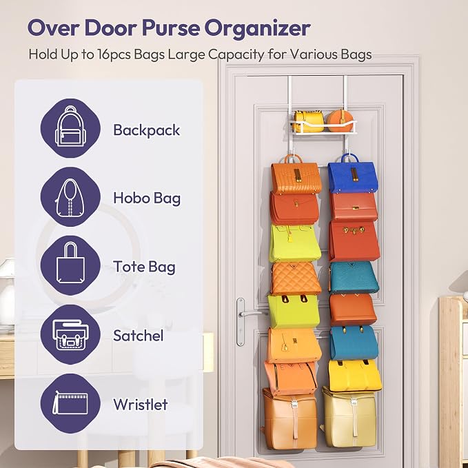SWTYMIKI Over The Door Purse Organizer - Wall Mounted Purse Rack with 16 Hooks and Metal Basket, Handbag Hanger Organizer Holds up to 16 Bags, Bag Rack Can Use As 1/2 Part, for Door, Closet
